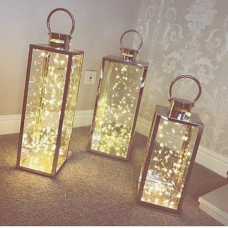 Chrome Metal Lanterns with Fairy Lights – Set of 3