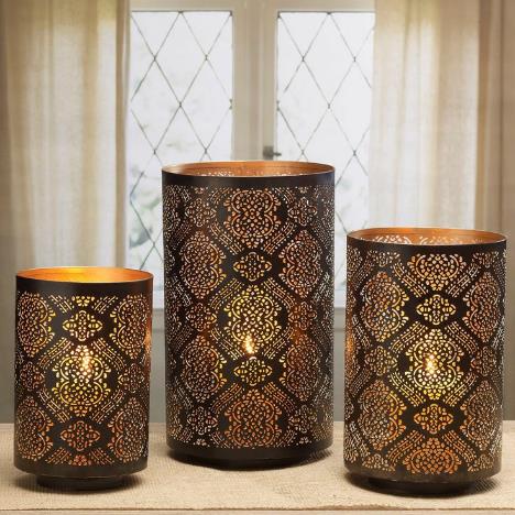 Dark Moroccan Cutwork Cylinder Lanterns – Set of 3