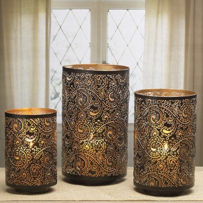 Paisley Cutwork Dark Metal Lanterns – Set of 3