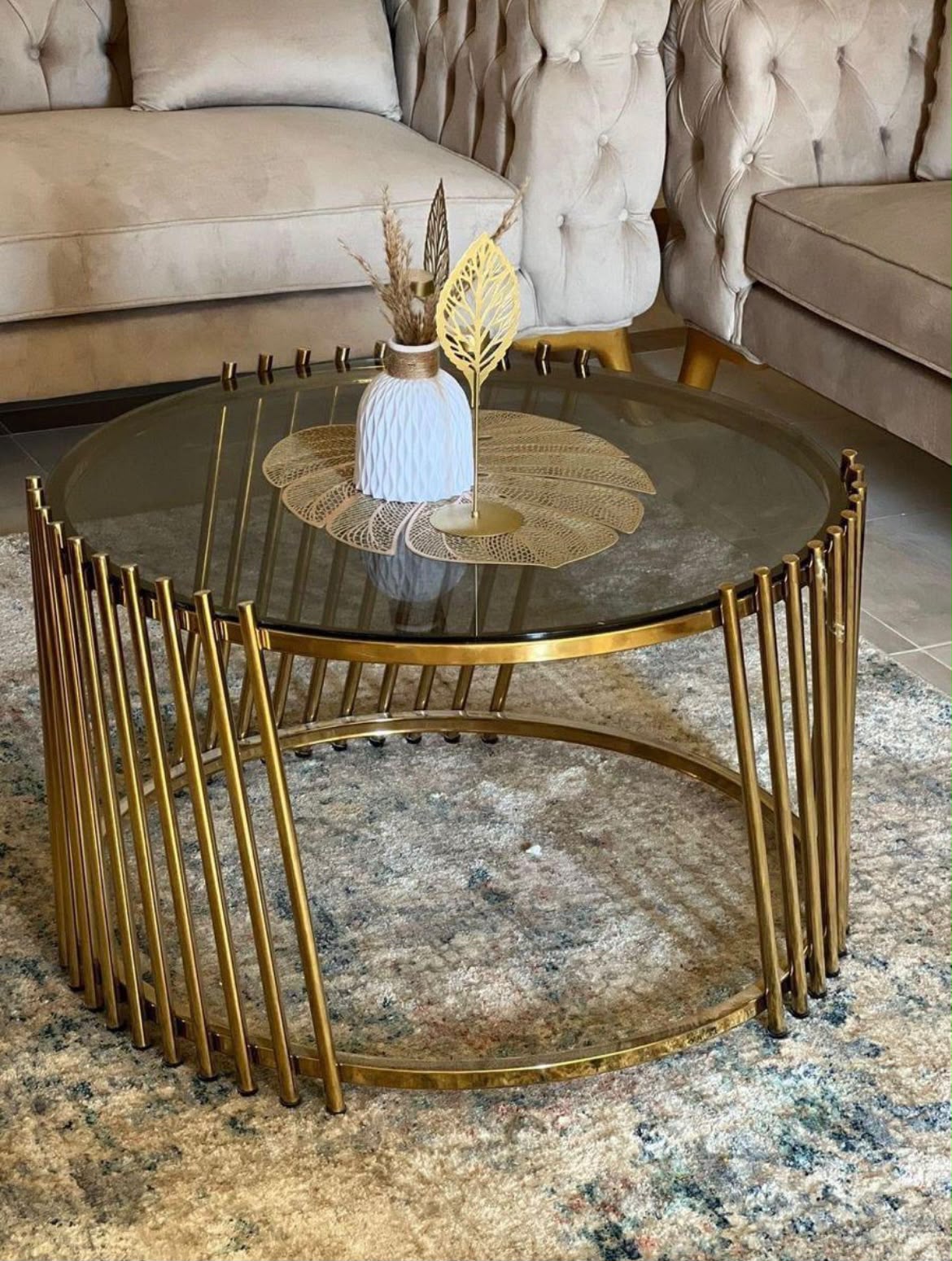Gold Bar Coffee Table with Glass