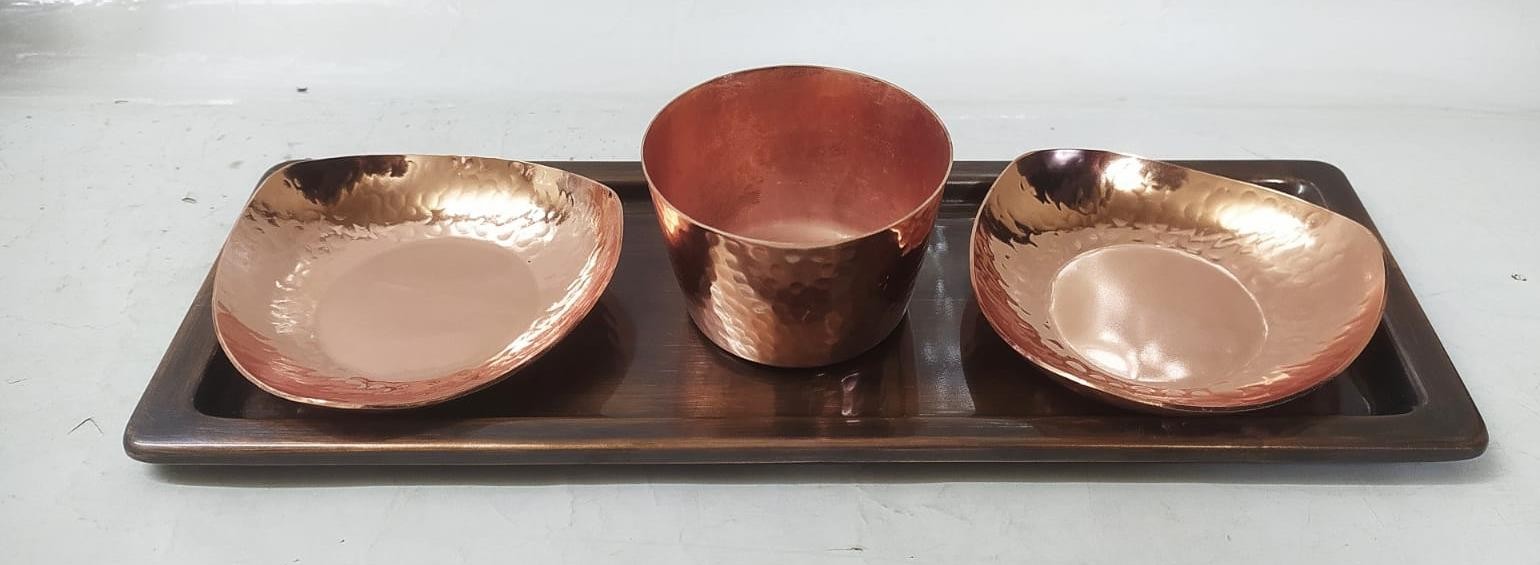Copper 3-Bowl Condiment Set on Wood Tray