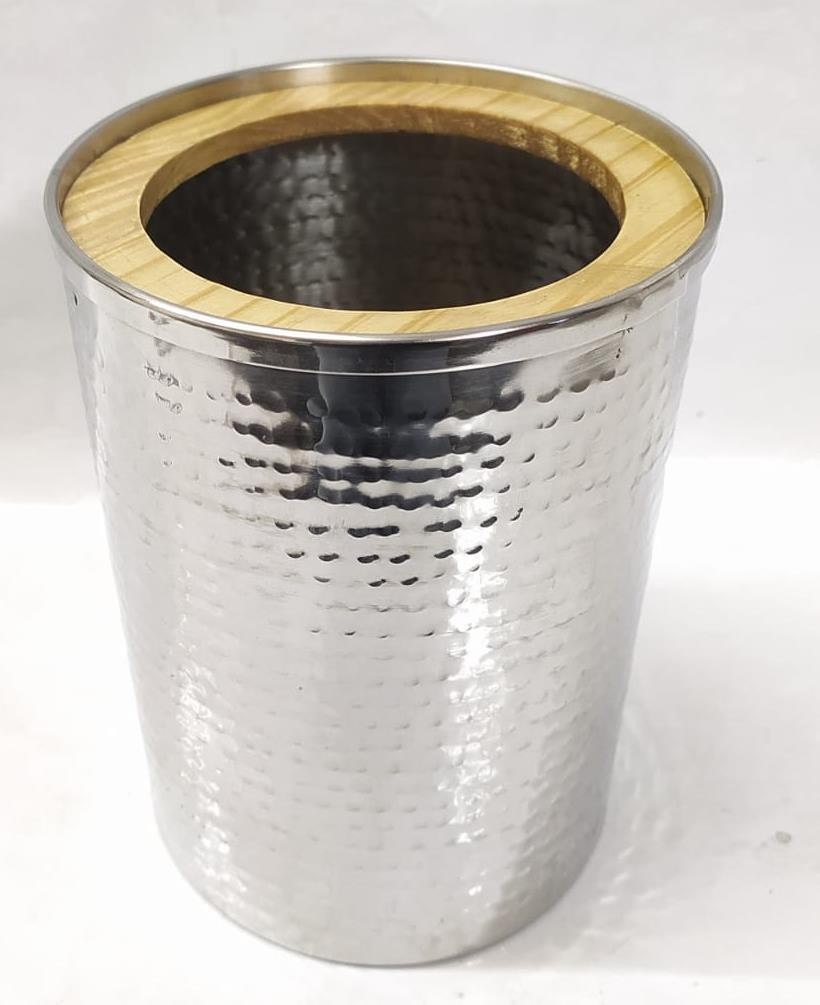 Hammered Steel Ice Bucket with Wood Rim