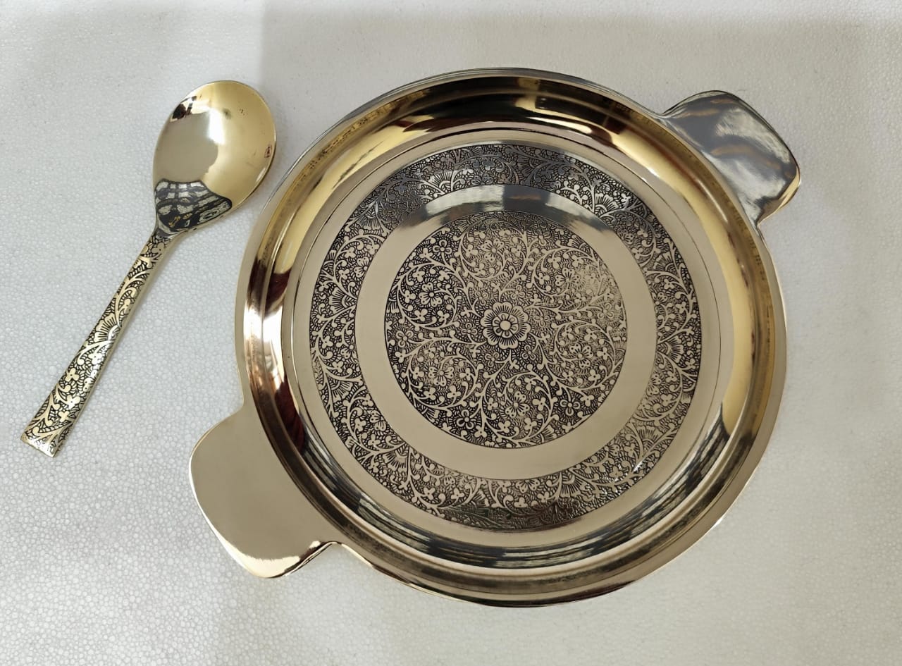 Gold Etched Karahi Serving Bowl & Spoon