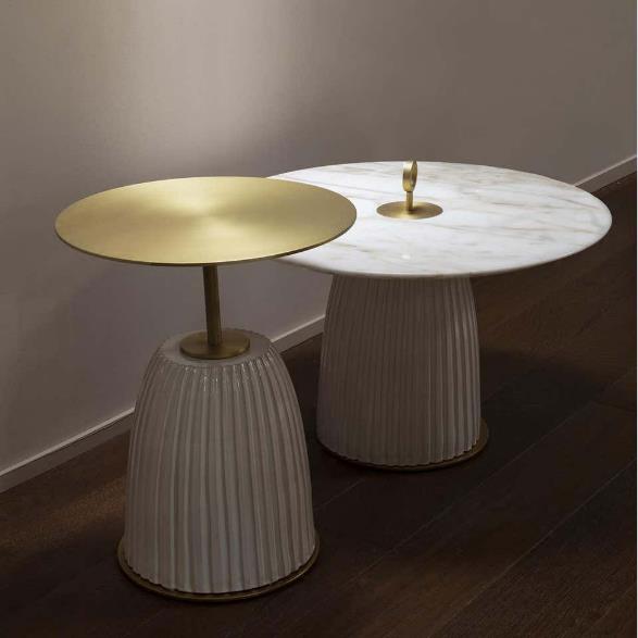 Ribbed Ceramic Column Table with Marble Top