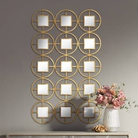 Circle-Square Grid Wall Mirror – Gold (5×3 Panel)