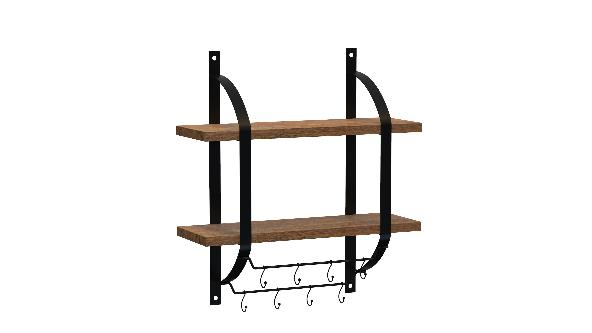 2-Tier Wood & Black Metal Wall Shelf with Hooks