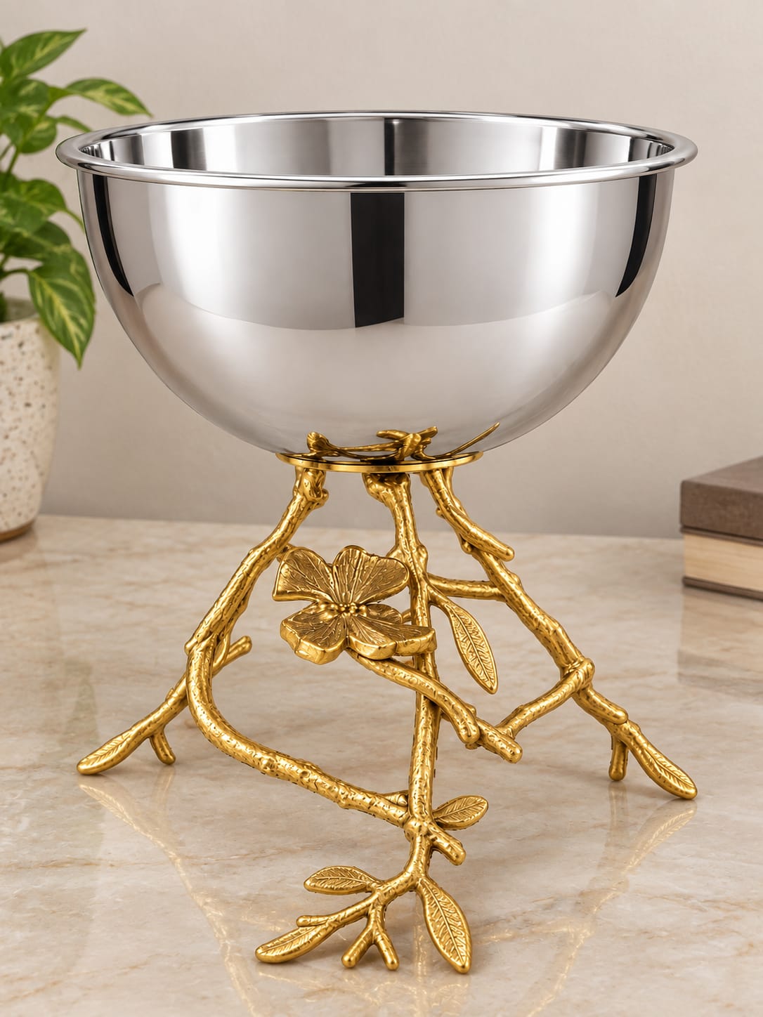 Stainless Steel Bowl with Gold Branch Stand