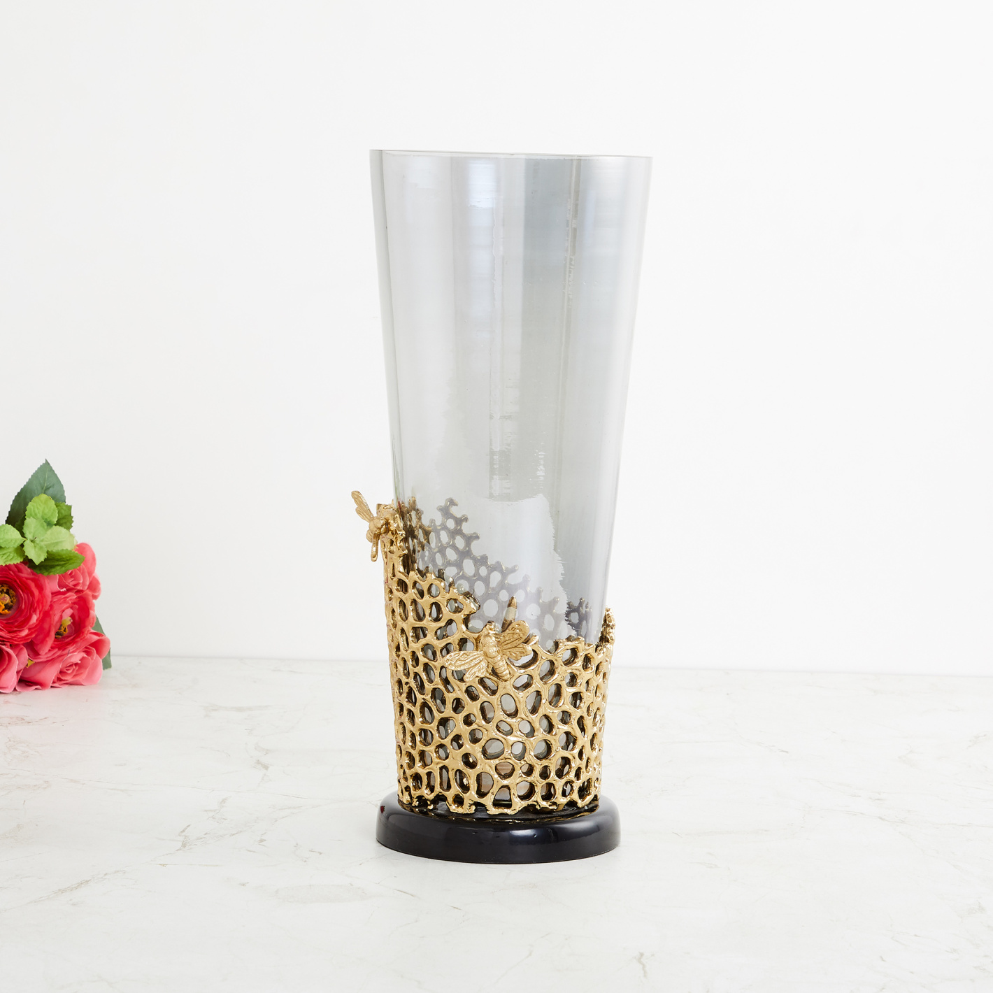 Glass Vase with Gold Honeycomb Collar